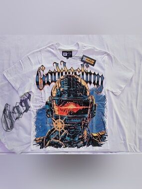 Godspeed, Goddestiny Graphic White Tee with Futuristic Helmet Graphic